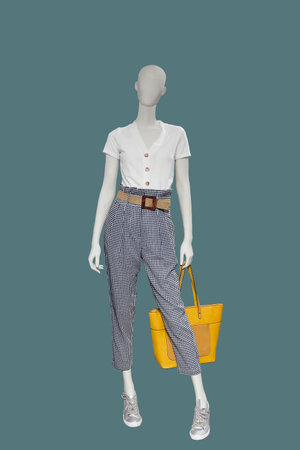Full-length female mannequin dressed in fashionable clothes, isolated. No brand names or copyright...