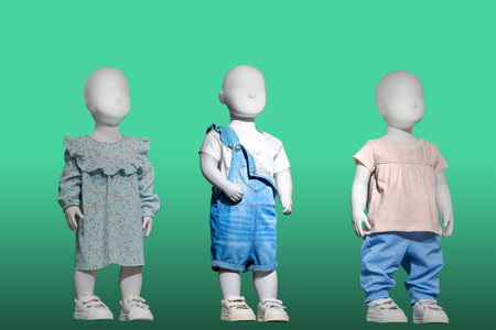 Three mannequins dressed in fashionable kids wear, isolated on green background. No brand names or copyright objects.の写真素材