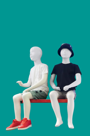 Two images of a children display mannequins dressed in casual clothes isolated on a blue background