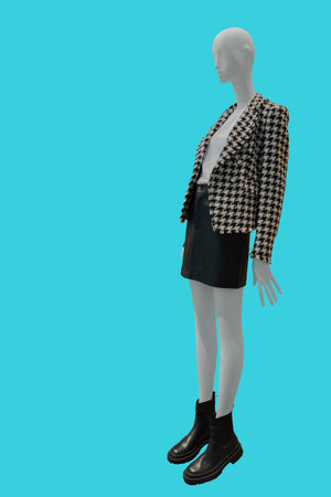 Full length female mannequin wearing gray plaid jacket and black skirt isolated on blue background