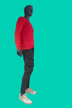 Full length image of a male display mannequin wearing red pullover with long sleeve and black trousers isolated on green backgroundの写真素材