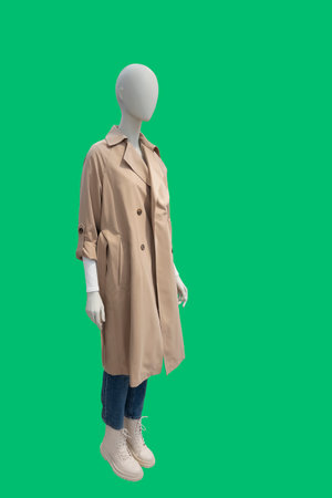 Full length image of a female display mannequin wearing beige trench coat isolated on green backgroundの写真素材