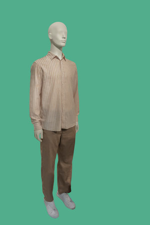 Full length image of a male display mannequin wearing striped shirt and brown trousers isolated on green backgroundの写真素材
