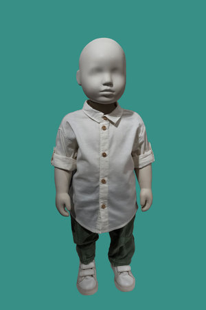 Full length image of a child display mannequin wearing white button-up shirt and corduroy pants isolated on green backgroundの写真素材
