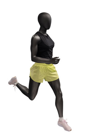 Full length image of a running female display mannequin wearing sportswear isolated on a white backgroundの写真素材
