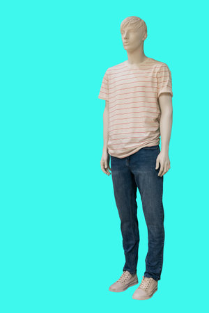 Full length image of a male display mannequin wearing white t-shirt with red stripes and blue jeans isolated on green backgroundの写真素材