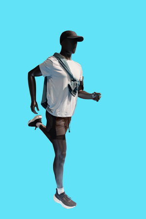 Full length image of a running male display mannequin wearing sportswear isolated on a blue backgroundの写真素材
