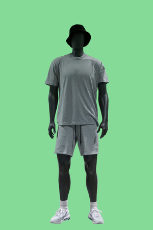 Full length image of a male display mannequin dressed in a summer suit of T-shirt and shorts...