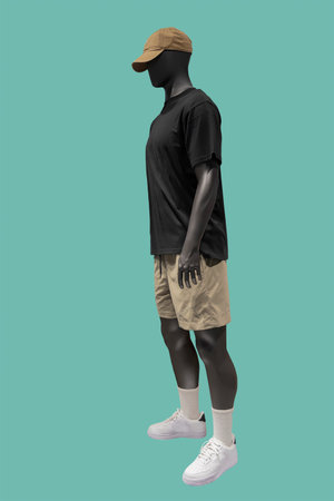 Full length image of a male display mannequin wearing black t-shirt and light brown shorts isolated on green backgroundの写真素材