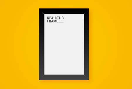 Realistic vertical picture frame isolated on yellow wall background. Blank picture frame template. Empty photo frame mockup.
のイラスト素材