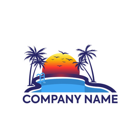 Illustration logo design of a beach with palm trees and a sunsetのイラスト素材