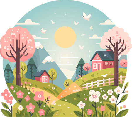 Spring rural landscape with blooming trees and houses. Vector illustration.のイラスト素材