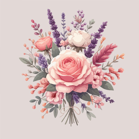 Beautiful floral bouquet with pink roses and lavender. Vector illustration.のイラスト素材