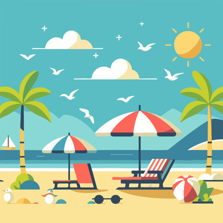 Beach with umbrellas and sun loungers. Vector illustrationのイラスト素材
