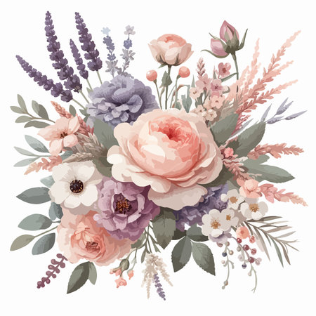 Beautiful floral bouquet with roses, peonies, lavender, eucalyptus, hydrangea. Vector illustration.のイラスト素材