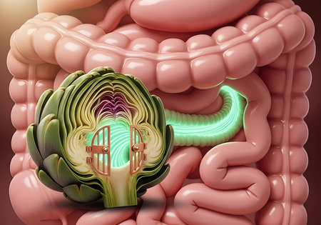 A halved artichoke opens a copper gate, revealing a glowing green intestinal tunnel that connects seamlessly to a pink digestive system background â symbolizing gut health.の素材