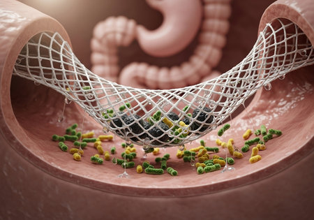 A photorealistic illustration of intestinal fibers capturing waste particles, with beneficial microbiome bacteria underneathの素材