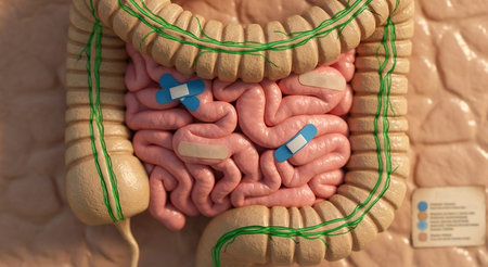 Human Intestine with Adhesive Bandages - 3D Illustration of Digestive System Treatment and Repairの素材