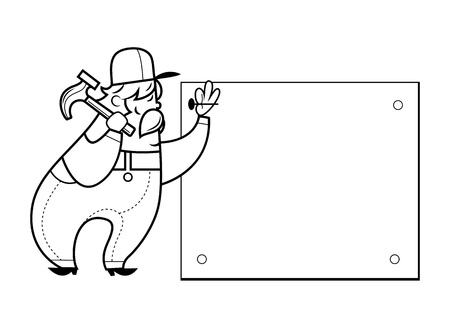 Construction worker with a hammer cartoon character isolated on whiteの写真素材