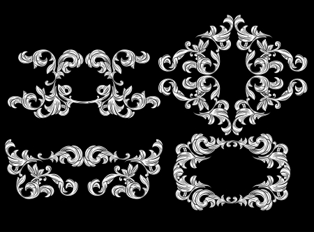 Set of floral design elements isolated on blackの写真素材