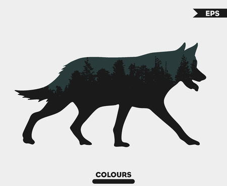 Wolf  with Trees Background on the bodyのイラスト素材