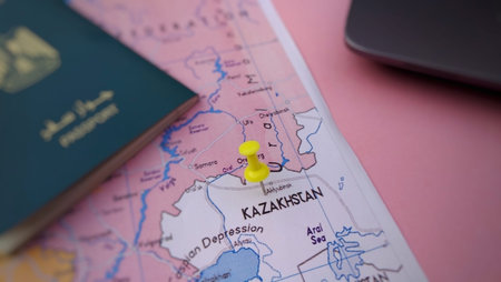 Yellow Pushpin marking to Kazakhstan on travel map, travel concept