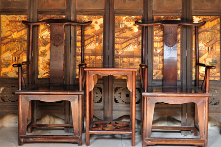 Traditional Chinese wooden chairs with a tableのeditorial素材