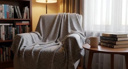 This captivating indoor shot features a comfortable armchair adorned with a patterned throw blanket inviting relaxation and warmth A bookcase overflowing with literature stands in the background hinting at a space conducive to reading and contemplation Beside the armchair a small round table holds a stack of books and a steaming mug suggesting a moment of peaceful solitude Soft natural light filters through the sheer curtains creating a serene and inviting atmosphere The scene evokes a sense of coziness comfort and intellectual pursuits perfect for illustrating themes of home leisure and relaxation The neutral color palette adds to the tranquility of the image making it versatile for various design applications The elements in the scene work together to create a comforting and inspiring image that can be used in a variety of contexts from lifestyle to interior designの素材