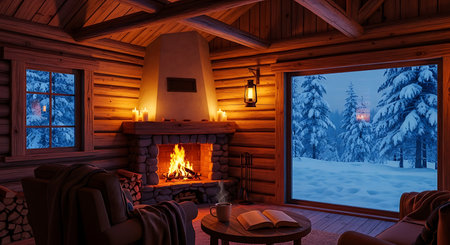 Immerse yourself in the warmth and serenity of this cozy winter cabin interior A crackling fireplace casts a welcoming glow illuminating the rustic wooden walls and ceiling The stone fireplace is adorned with flickering candles creating a relaxing atmosphere Outside the large window a picturesque snow scene unfolds showcasing snowcovered pine trees under a twilight sky The scene is completed with a comfortable armchair draped with a soft blanket and a table with a steaming mug and open book suggesting an invitation to relax and escape from the cold winter day This idyllic setting evokes feelings of peace relaxation and the joy of winter holidays The lighting and ambiance encourage you to take a deep breath and savor the simple pleasures of life indoors while the beauty of nature awaits just outside This image perfectly captures the essence of a winter getaway perfect for holiday backgrounds or cozy home decor This image is ideal for conveying feelings of warmth comfort and tranquilityの素材