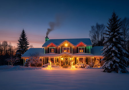 A beautiful and inviting home decorated with Christmas lights is seen nestled in a winter wonderland The house glows warmly against the twilight sky with festive lights outlining the roof and windows Snow covers the ground creating a serene and magical atmosphere Two illuminated deer stand gracefully in the front yard adding to the holiday cheer Smoke gently rises from the chimney suggesting a cozy fire burning inside Bare trees and evergreen trees surround the house completing the picturesque winter scene The overall impression is one of warmth joy and the spirit of the season It suggests a happy family celebrating a cozy holiday season together enjoying the beauty of winter and the magic of Christmas The scene evokes feelings of nostalgia peace and the simple pleasures of lifeの素材