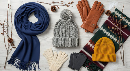 A stylish arrangement of winter accessories perfect for keeping warm and fashionable during the colder months The image features a dark blue scarf with delicate fringe its soft texture inviting warmth Adjacent to it is a knitted grey beanie with a playful pom pom adding a touch of whimsy A pair of refined leather gloves sits nearby offering a touch of elegance Two pairs of cozy gloves knit beige ones and dark grey fingerless ones suggests choices for different levels of cold Completing the ensemble is a colorful patterned scarf and a bright yellow knitted hat adding cheerful pops of color Scattered pine cones and twig accents enhance the winter theme giving a nod to the season All items are placed on a white wooden surface that provides a clean neutral backdrop allowing each piece to stand out This image suggests comfort style and preparation for winter chillsの素材