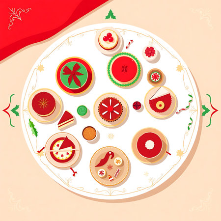 A delightful top view illustration showcases a festive Christmas dessert platter The platter is brimming with a variety of colorful and tempting holiday sweets and pastries Each treat is meticulously designed with vibrant colors and intricate details The overall theme is cheerful and inviting perfect for conveying the spirit of Christmas The arrangement suggests a gathering or celebration where these desserts would be shared and enjoyed The illustration style is clean and modern making it suitable for a variety of applications The composition is wellbalanced drawing the eye to the diverse selection of desserts The use of color adds to the festive mood with reds greens and creams dominating the palette It is a perfect image for conveying warmth generosity and the joy of the holiday season making it ideal for greeting cards social media posts or festive marketing materialsの素材
