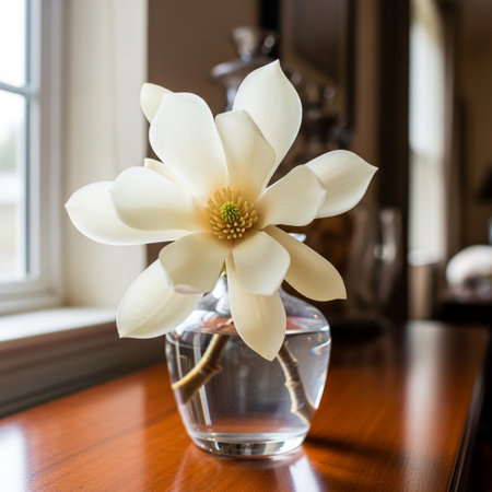 An image showing a single magnolia flower in a small glass vase on a wooden surface The flower is creamy white with a central green and yellowish center The petals are soft and have a velvety texture The flower is the main subject and the simplicity of the arrangement brings a sense of peace and tranquility The wooden surface adds warmth while the vase provides a modern touch The window lets in natural light highlighting the flowers delicate details The background elements are blurred directing the focus to the flower The composition is clean and minimalistic making it suitable for conveying feelings of calmness and beautyの素材