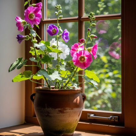A charming still life captures the simple beauty of hollyhocks in full bloom nestled in a rustic earthenware pot The pot sits on a wooden windowsill bathed in soft natural light streaming through a multipaned window The hollyhocks showcase a variety of colors including vibrant pink delicate white and rich purple creating a visually striking display The backdrop features a blurred view of greenery outside adding depth and a sense of tranquility to the scene The composition evokes a feeling of warmth and nostalgia reminiscent of a quaint cottage garden The contrast between the rough texture of the pot and the delicate petals of the flowers highlights the beauty of nature and the simple joys of life The image is a celebration of the beauty found in everyday moments It would make a lovely addition to any home decor or serve as a thoughtful gift for a nature loverの素材