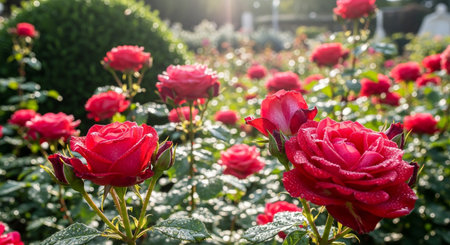 A beautiful garden scene filled with blooming red roses is presented in this photograph The roses are the focal point their rich red petals catching the light and displaying intricate detail Small water droplets likely morning dew cling to the petals and leaves adding a fresh and sparkling element to the composition The background features lush greenery and other roses creating depth and texture within the image The soft sunlight filters through the leaves providing a warm and inviting atmosphere The overall impression is one of natural beauty tranquility and the delicate intricacies of the floral world Perfect for projects related to gardening spring summer romance or simply appreciating the beauty of nature the image evokes feelings of serenity and joyの素材