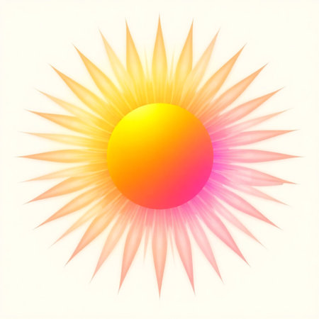 This image presents a stylized illustration of the sun featuring a vibrant gradient of yellow orange and pink hues at the center of the circle Emanating from the core are elongated petal like shapes that give the impression of radiating light or flares The design has a clean contemporary aesthetic suitable for a wide range of applications from educational material to decorative art The soft gradient in the center transitions smoothly into the radiating flares creating a visually appealing effect of warmth and brightness The overall composition is well balanced making it versatile for use in graphic design web design or print projects The simple yet elegant design makes it both eye catching and adaptable to different color schemes and thematic elements It could represent anything from summer warmth to positive energyの素材