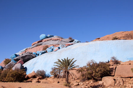 Blue and red rocks in the middle of the dry Atlas mountains in Morocco.の写真素材