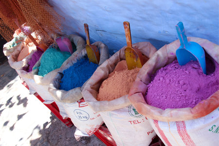 Colorful powder in the "blue city" Chefchaouen.の写真素材
