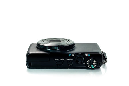 Black Compact Camera in white backgroundの写真素材