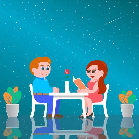 Lovers man and woman are sitting at a table in the space cafe of the future. Outside the window, the starry sky and the Milky Way galaxy. Vector cartoon illustration.のイラスト素材