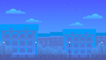 Night sleeping city for the background in the form of a banner. Residential buildings, trees, street lamps, clouds and starry sky. The light in the windows is off.のイラスト素材
