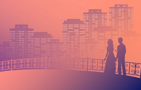 Silhouette of a couple in love on a bridge with patterned railing. A man gives a woman a rose. In the background the night city in the fog. Vector romantic illustration.のイラスト素材