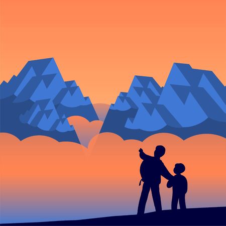 Silhouette of father and son of travelers. Dad shows the child to the beautiful mountains in the clouds and fog.のイラスト素材