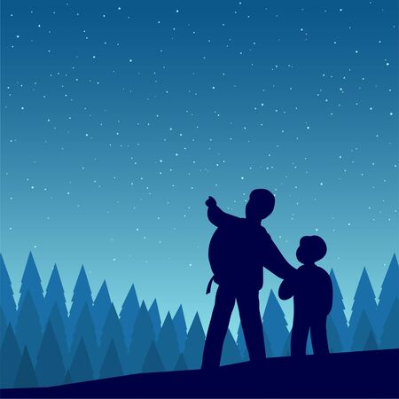 Silhouette of father and son of travelers. They stand in the background of the night forest and look at the beautiful starry sky.のイラスト素材