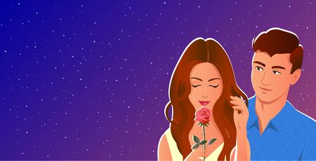 Beautiful couple in love close up. The man gave the girl a rose. She is happy and enjoys the aroma. In the background is a romantic starry sky.のイラスト素材
