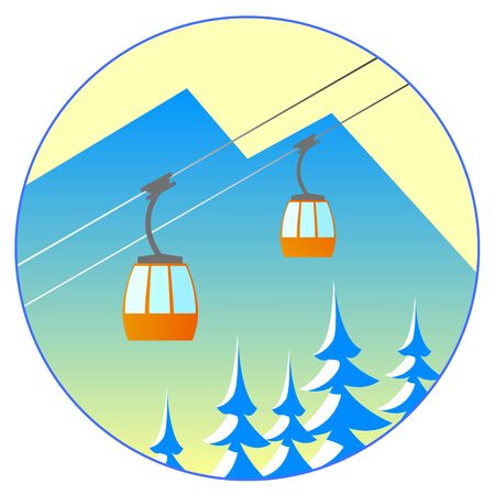 Ski winter resort. Against the blue sky, a lift with cabins. In the background is the silhouette of a mountain.のイラスト素材