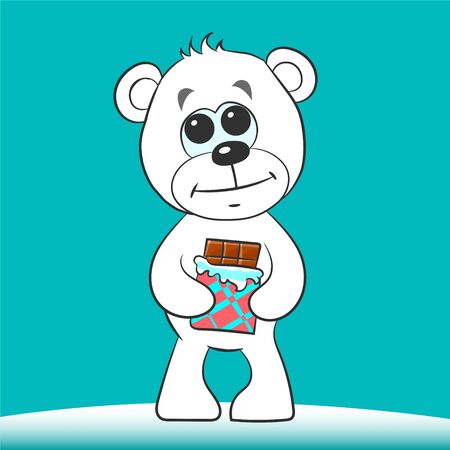 Northern white teddy bear stands with a donated chocolate. Thankful smile.のイラスト素材