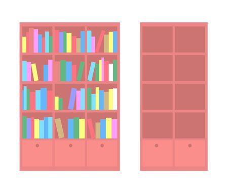 Two wooden cabinets with shelves. One of them is filled with books.のイラスト素材