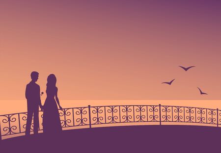 Silhouette of a couple in love on the promenade with patterned railing. Evening, calm sea and seagulls. Romantic vector illustration.のイラスト素材