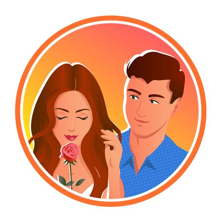 Date of a young couple in love. The man gave the girl a rose. Vector romantic illustration with a round frame.のイラスト素材